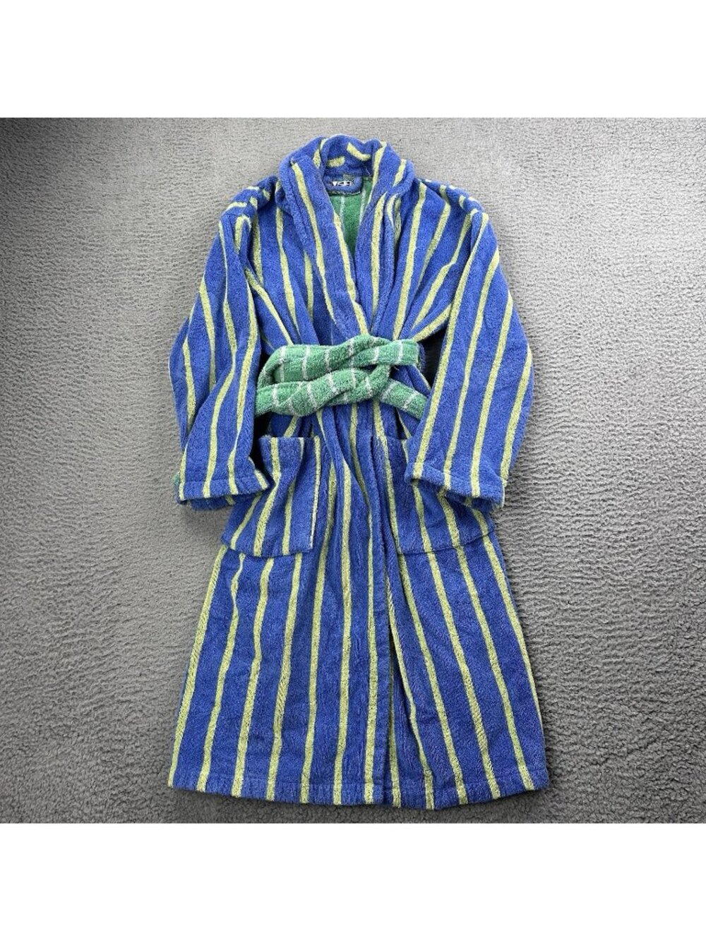 DUSEN DUSEN Striped Pattern Robe Tie Front Terry Cloth Blue Green Size Small